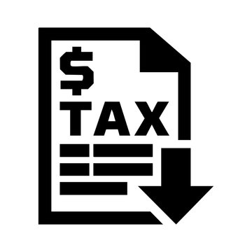 Tax reduction and financial document vector icon. Minimalist black glyph of tax return form with downward arrow and dollar sign