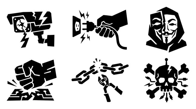 Cybersecurity breach and digital piracy icon set. Brutalist black silhouettes of hacking, broken security camera, and data theft.