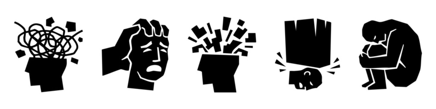 Mental health crisis and severe depression icon set. Grotesque silhouettes of emotional stress, burnout, headache, and loneliness.