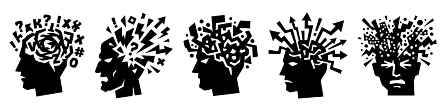 Cognitive overload and mental chaos icon set. Grotesque black silhouettes of human head with confused thoughts, stress, and anxiety.