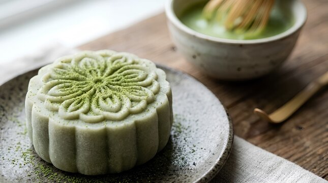 Vibrant matcha mochi mooncake dusted with fine green tea powder, capturing a modern fusion of traditional holiday treats for culinary marketing, gourmet dessert blogs, and holiday stock themes