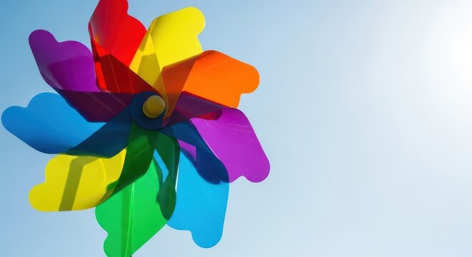 A bright, colorful plastic pinwheel with multiple blades rotates swiftly outdoors against a clear blue sky, capturing simple joy and summer fun, memory, blades, spinning