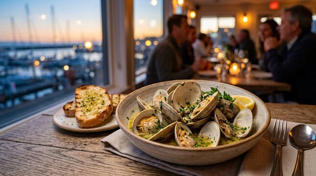 Steamed crabs and clams served with toasted bread on a wooden table indoors by a large window overlooking a marina at sunset with people dining