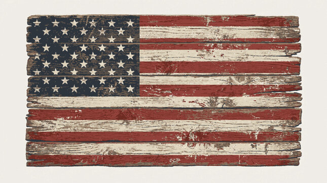 Distressed american flag illustration painted on weathered wooden planks texture