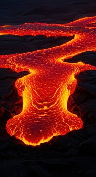 Close up view of vivid molten lava flowing slowly across black volcanic terrain, showing intense heat and raw geologic power, fissure, landscape, lava