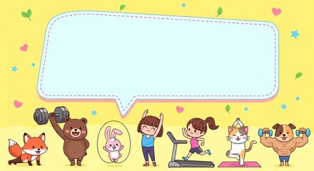 Fototapeta premium Cartoon illustration of a girl and animals exercising under a speech bubble. Children fitness and healthy lifestyle concept. Cute animal characters lifting weight and doing yoga.