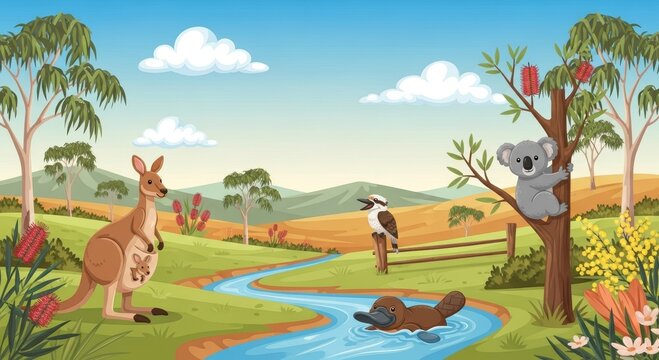 Australian wildlife illustration with kangaroo, koala, kookaburra and platypus in natural habitat. Landscape cartoon with endemic animals of Australia for education and wildlife theme.