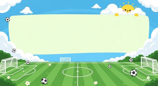Soccer field frame with copy space for text. Cartoon football pitch background for kids activity. Sports illustration with ball and goal on green grass under blue sky and sunny sun.