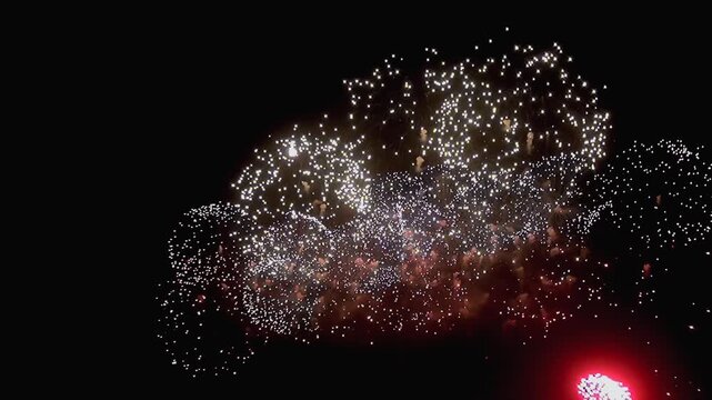 Sparkling lights cascade across the night sky as fireworks explode during the Independence Day celebration in New York. Witness the spectacle of the dazzling display.