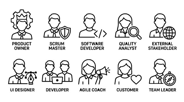 Agile software development team roles line icon set including product owner scrum master and developers.