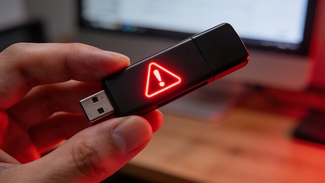 A close up shot of a human hand holding a black usb flash drive featuring a glowing red warning sign icon indicating a serious digital threat