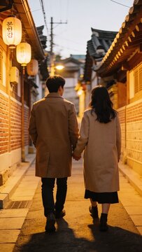 Behind View of Romantic Korean Couple Walking Down Seoul Alleyway Street with Moody Warm Cinematic Color Grade