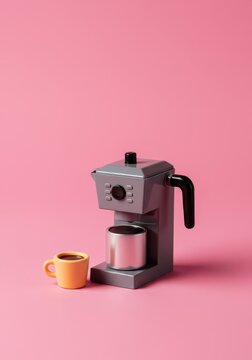 This playful miniature plastic coffee maker set includes a small cup of pretend coffee resting on a cheerful, bright pink studio background, creativity, beverage, education