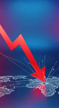 Visual representation of declining interest rates impacting the global financial landscape. A red downward arrow signals a steep reduction in economic returns, quantitative, decline, future