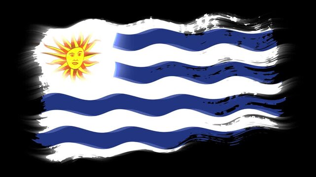 Waving torn Uruguay flag grunge brush burn light leaks, transparent background alpha channel loop full HD