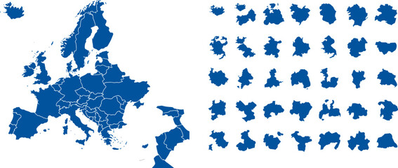 European Union Map Collage: A comprehensive collection showcasing the silhouette of Europe alongside individual nation outlines, presented in a striking blue graphic. © Basu Official 