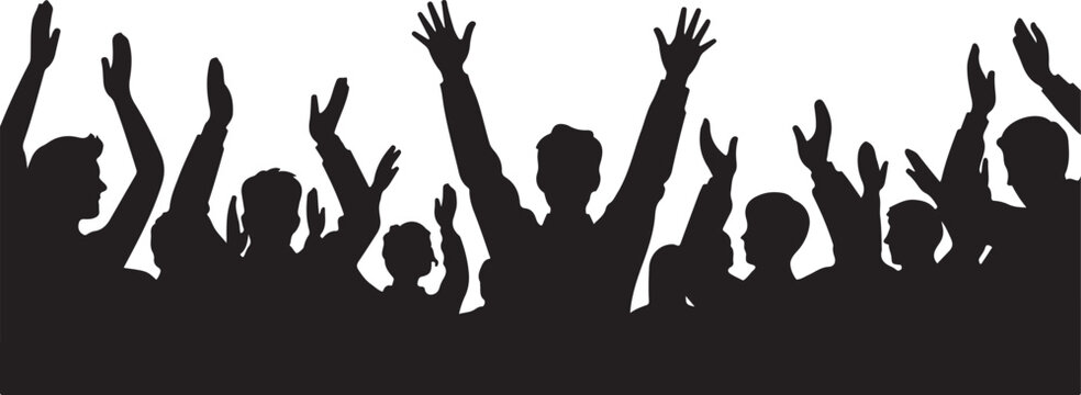 Silhouettes of a cheering crowd with hands raised up in the air, group of people celebrating at a concert or festival