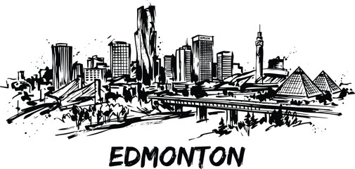 Obraz premium Edmonton city skyline, a hand-drawn illustration with dynamic brush strokes, depicting urban skyscrapers, a bridge
