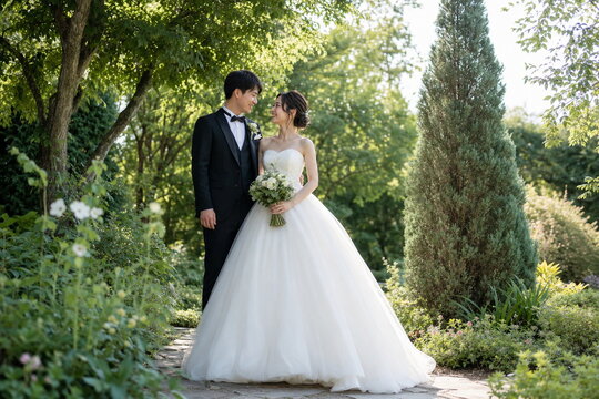 緑の庭で見つめ合う新郎新婦のウェディング