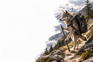 Naklejka premium Wolf with backpack walks on mountain trail. Space for text.