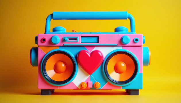 Pink and blue boombox with a red heart decoration sits on a bright yellow backdrop. This retro audio player features large speakers and a carrying handle, evoking fun times.