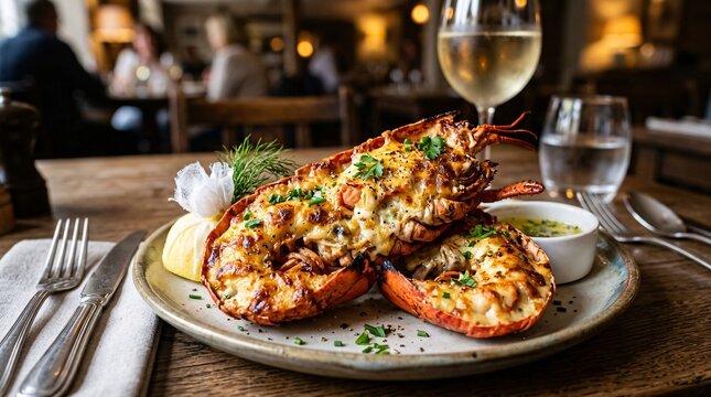 Lobster thermidor dish served on plate with melted butter beside lemon wedge squeezed over seafood at restaurant table indoors.