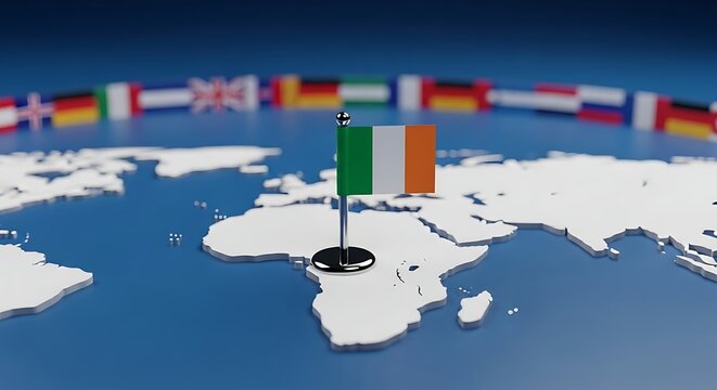 Close-up of miniature Irish flag on a globe with international flags in background