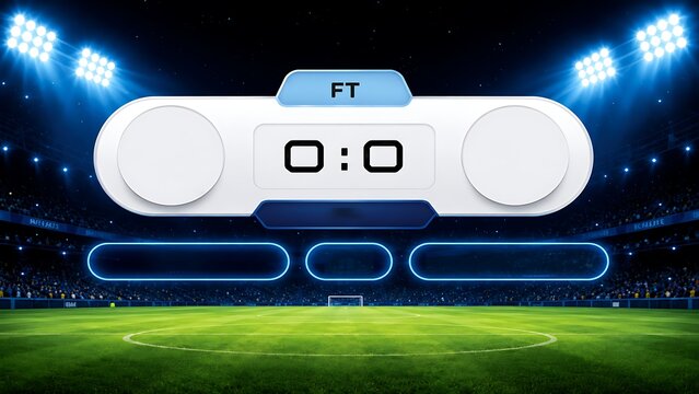 Close-up of a digital scoreboard in a sports stadium with bright blue lighting and empty seats