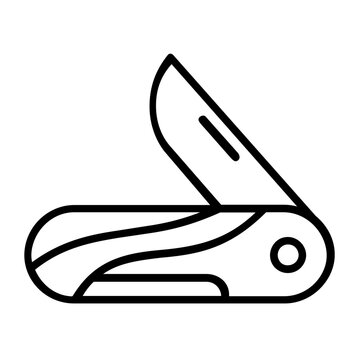 Vector illustration of a pocket knife line icon featuring an open clasp knife with an extended blade and grip body illustrated in streamlined flat line art for camping and survival design sets.