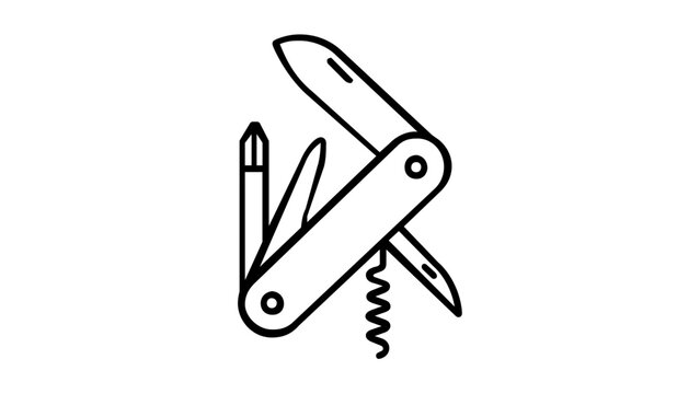 Vector illustration of a pocket knife line icon showing a compact folding blade with bolster and handle scales drawn with precise elegant minimalist strokes for outdoor and adventure hobby graphics.