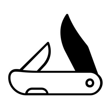 Vector illustration of a pocket knife line icon depicting a folded multi-blade tool with a contoured handle rendered in clean minimalist line art for outdoor, camping, and survival themes.
