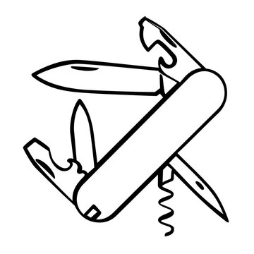 Vector illustration of a pocket knife line icon capturing the essential form of a foldable camp blade with handle ribbing rendered in refined minimalist flat line art for outdoor hobby themes.
