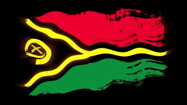 Waving torn Vanuatu flag grunge brush burn light leaks, transparent background alpha channel loop full HD