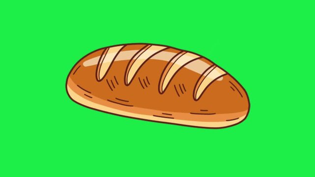 Freshly baked cartoon bread loaf isolated on a green screen chroma key background for food and bakery templates