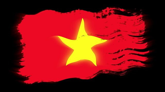 Waving torn Vietnam flag grunge brush burn light leaks, transparent background alpha channel loop full HD