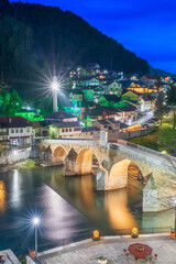 Obraz premium Konjic, Bosnia and Herzegovina with the Stara Cuprija Bridge over the Neretva River
