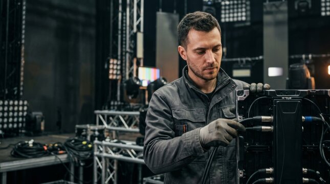 Technician installing light fixture for outdoor stage event, making connections and ensuring proper setup