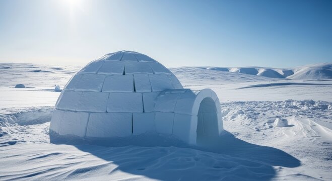 Igloo in a snowy landscape under a clear blue sky. Traditional dome shaped shelter made of ice blocks in the arctic. Concept of cold climate, survival, travel and winter exploration.