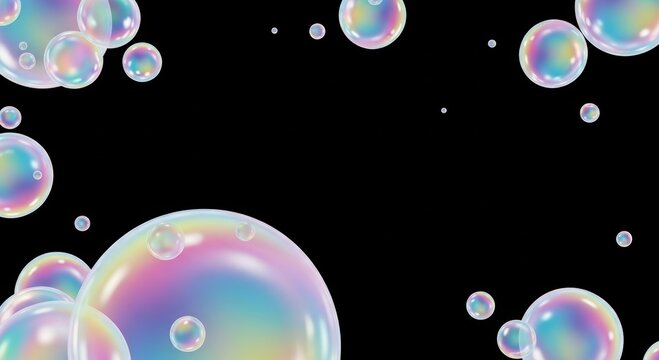 Iridescent soap bubbles floating on black background. Transparent sphere with rainbow reflection. Abstract background for design, party decoration or festive texture. Shiny floating orb.