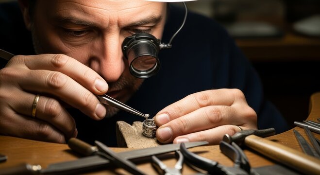 Jeweler using magnifying loupe to set diamond in ring. Professional craftsman working at workbench with precision tools. Craftsmanship, creation of handmade jewelry, artisan skill.
