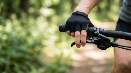 Fototapeta premium Close-up of a biker's hand on a mountain bike handlebar in a green forest with a dirt trail