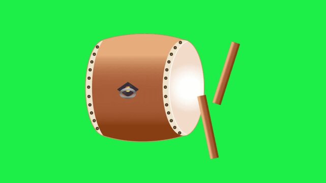 Traditional Japanese taiko drum animation with wooden bachi sticks isolated on a green screen chroma key background
