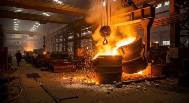 Molten metal pouring from container in steel mill during production process. Industrial worker observing heavy manufacturing in foundry. Metal casting and heavy metallurgy industry.