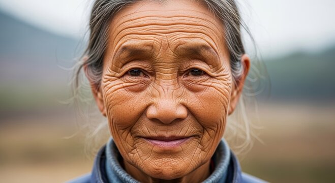 Portrait of an elderly Asian woman with a kind smile on her face. Close up of a grandmother with grey hair and wrinkles. Concept of wisdom, aging, life experience and peaceful senior.