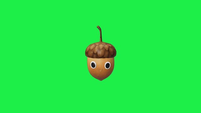 Cute cartoon acorn character with big eyes smiling on a green screen chroma key background