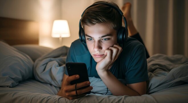 Teenage boy lying in bed at night looking at smartphone screen with headphones on. Youth using mobile device for entertainment in dark bedroom. Digital technology and lifestyle concept.