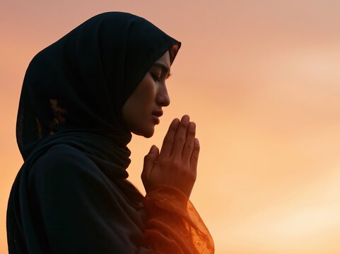 Muslim woman in hijab praying with hands clasped at sunset