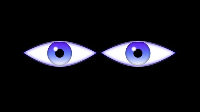 Animated spooky cartoon eyes looking around with glowing pupils on black background, seamless loop motion graphic of funny blinking halloween eye expression overlay asset. 4k video