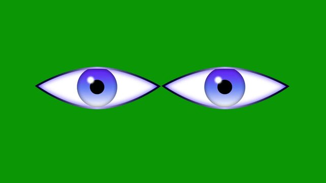 Beautiful glowing creature eyes tracking left and right with smooth vector motion on green screen, minimalist cartoon eyeball pupil shift sequence presentation 2d animation with alpha channel. 4k