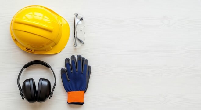 Yellow hard hat with safety glasses, protective glove and ear muff on white background. Industrial construction equipment for worker and engineer. Workplace safety and precaution gear.
